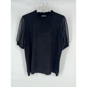 Adriana Papell Swiss Dot Sheer Sleeve Ruffle Neck Black Sweater Top Size Medium